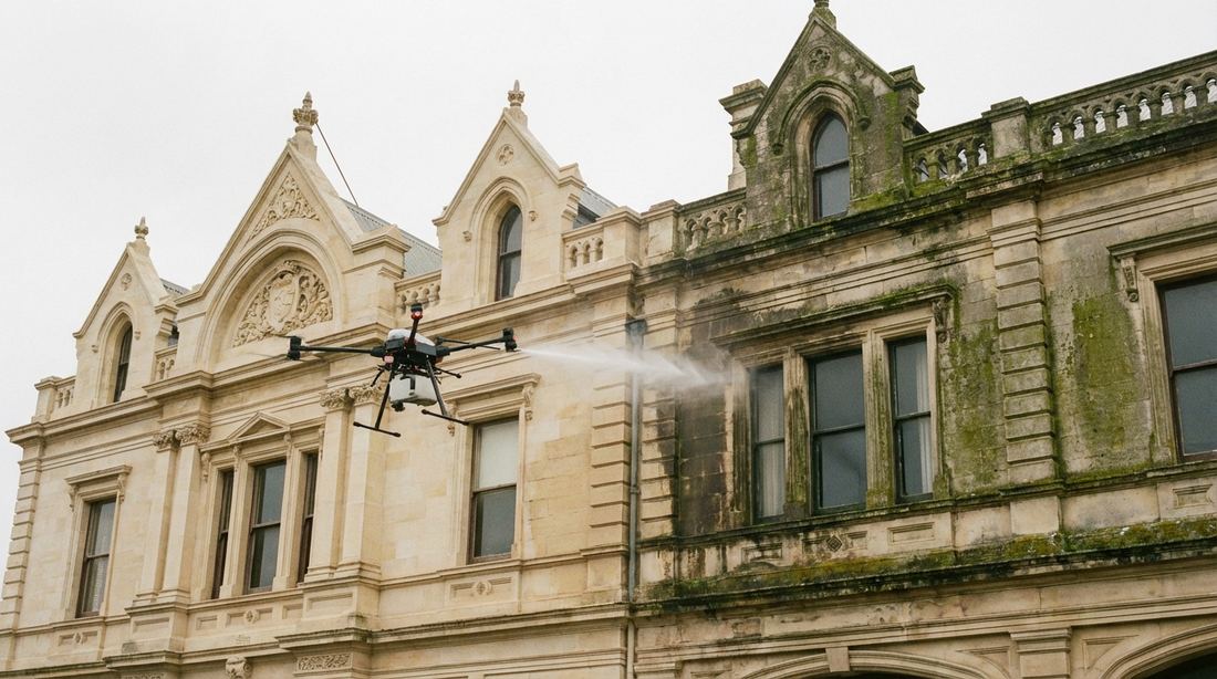Professional cleaning drone cleaning a heritage limestone building facade
