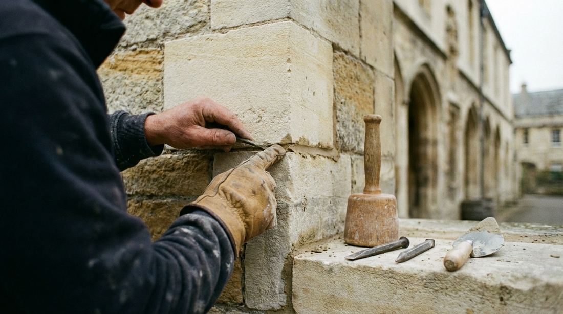 Goldfield Stone stonemasons working on heritage Ōamaru limestone building